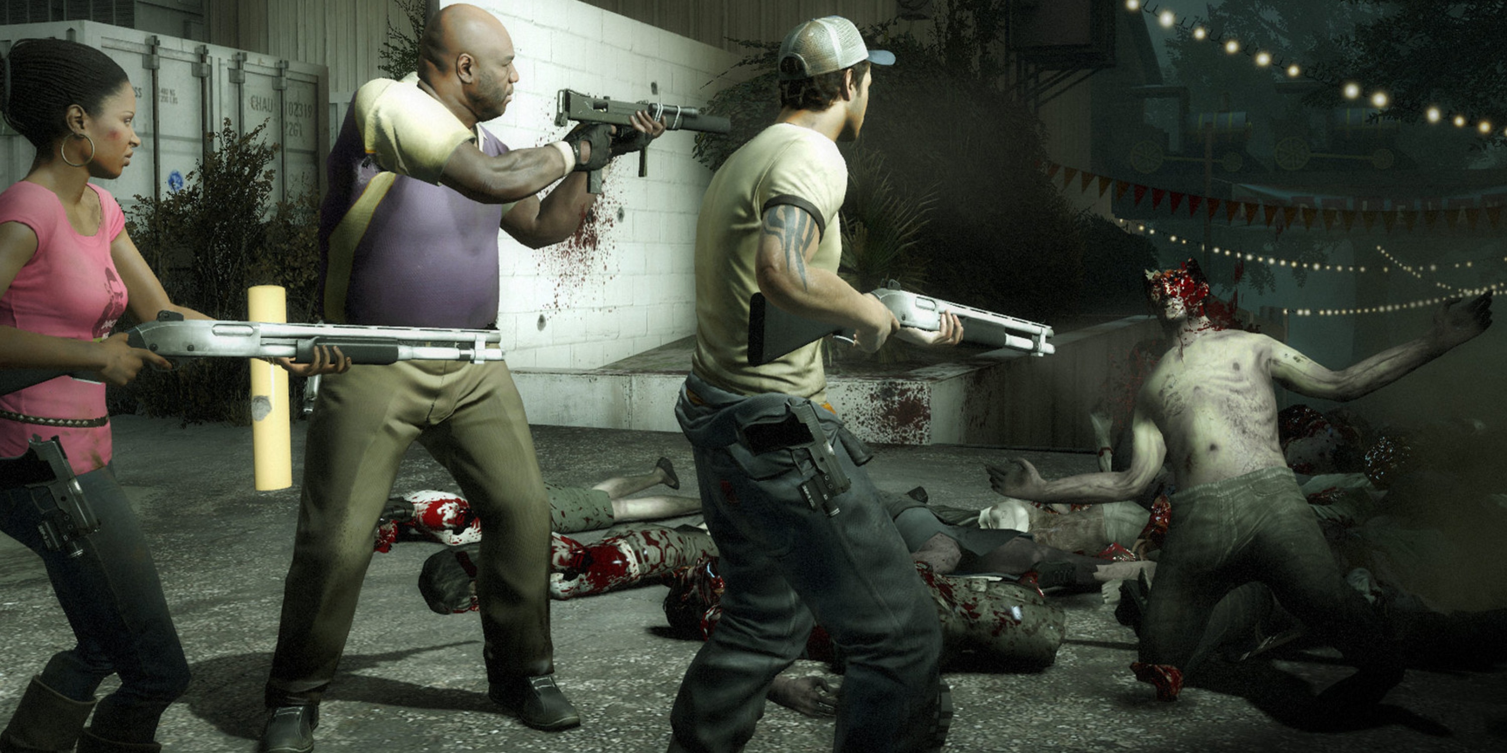 Three characters fighting Infected in Left 4 Dead 2