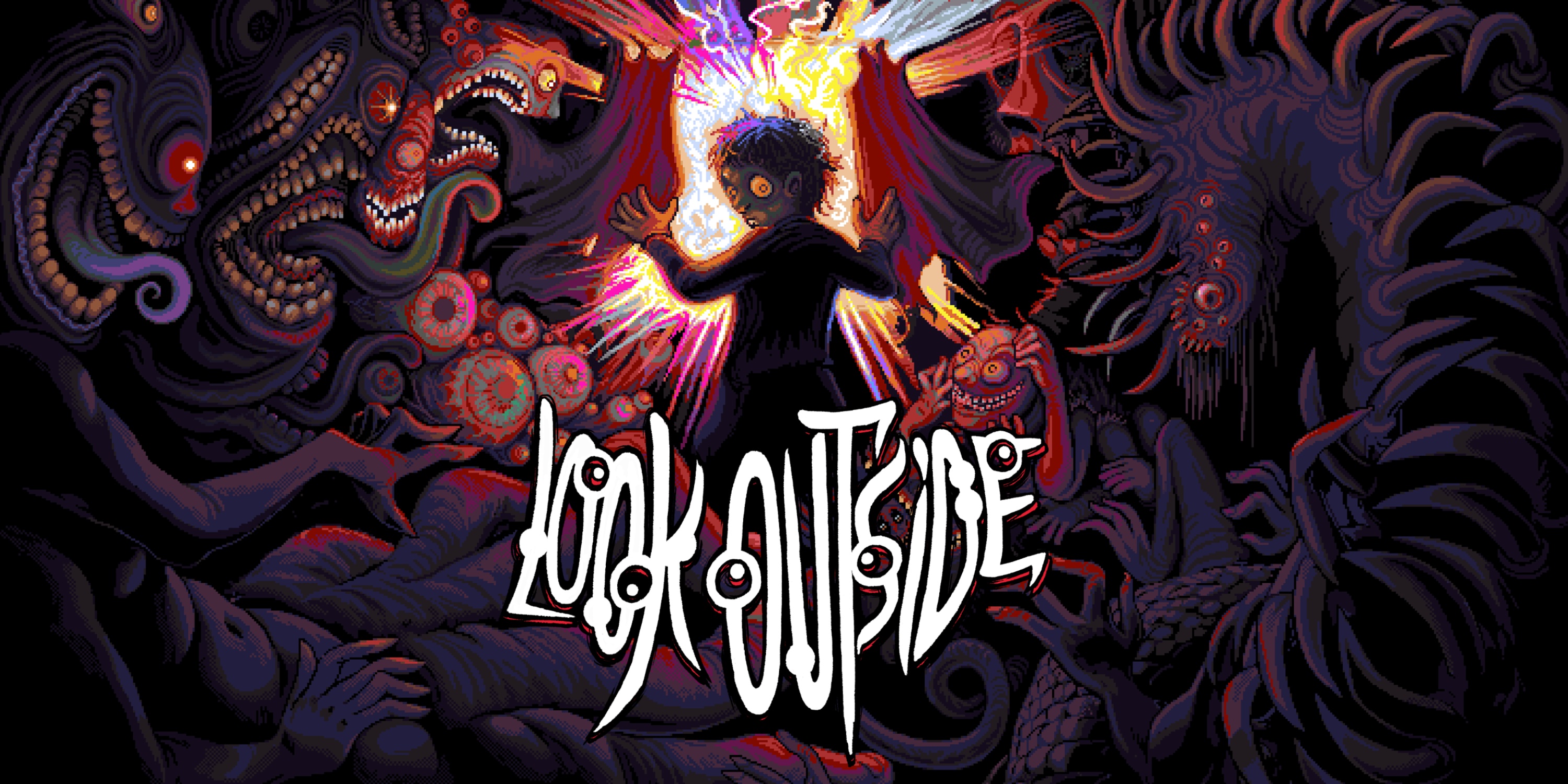 Key art for the survival-horror game Look Outside showing the protagonist surrounded by monsters.